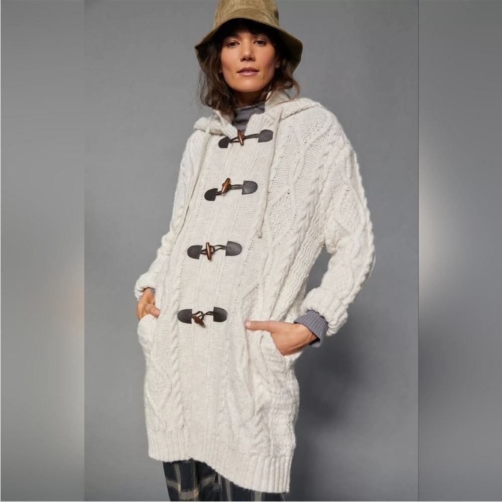 By Anthropologie M/L Nordic Hooded Cable Cardigan Sweater Sand Ivory Cream